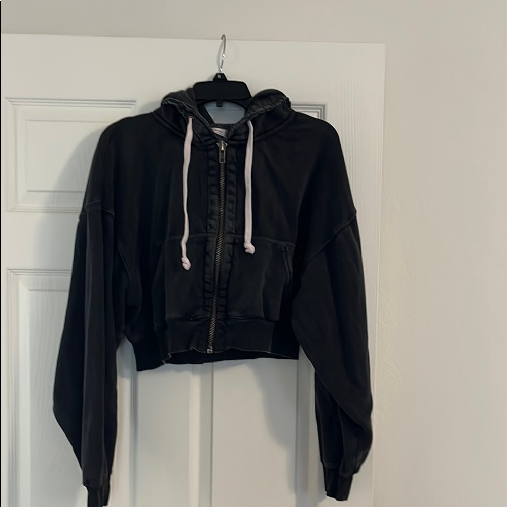 Free People - Black Cropped Hoodie with Drawstrings